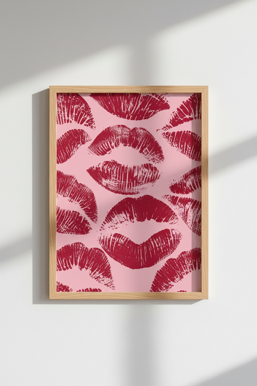 Red Lips Kiss Print Wall Art | Preppy Pink Aesthetic, Dorm & Vanity Decor