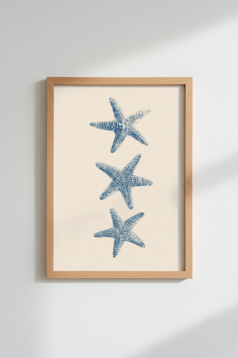 Coastal Starfish Wall Art Print | Blue Nautical Bathroom Decor | Beach House Poster