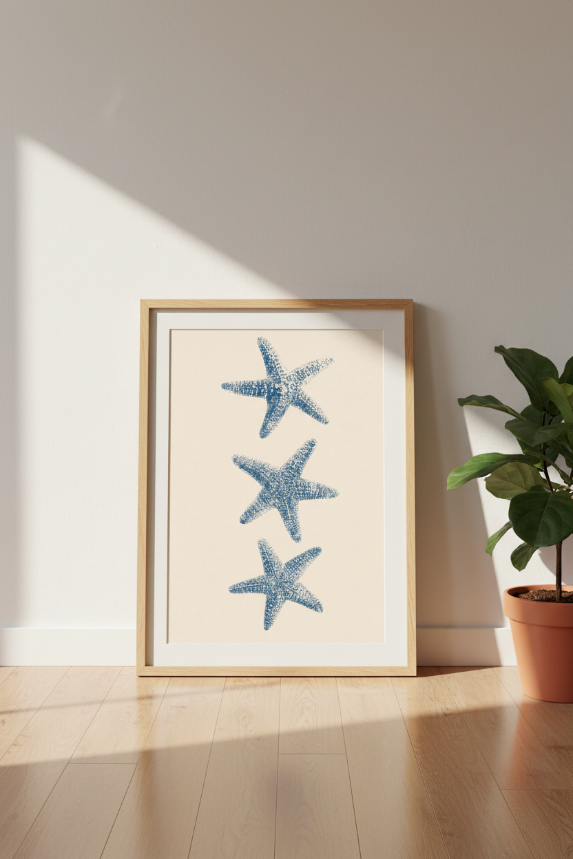 Coastal Starfish Wall Art Print | Blue Nautical Bathroom Decor | Beach House Poster