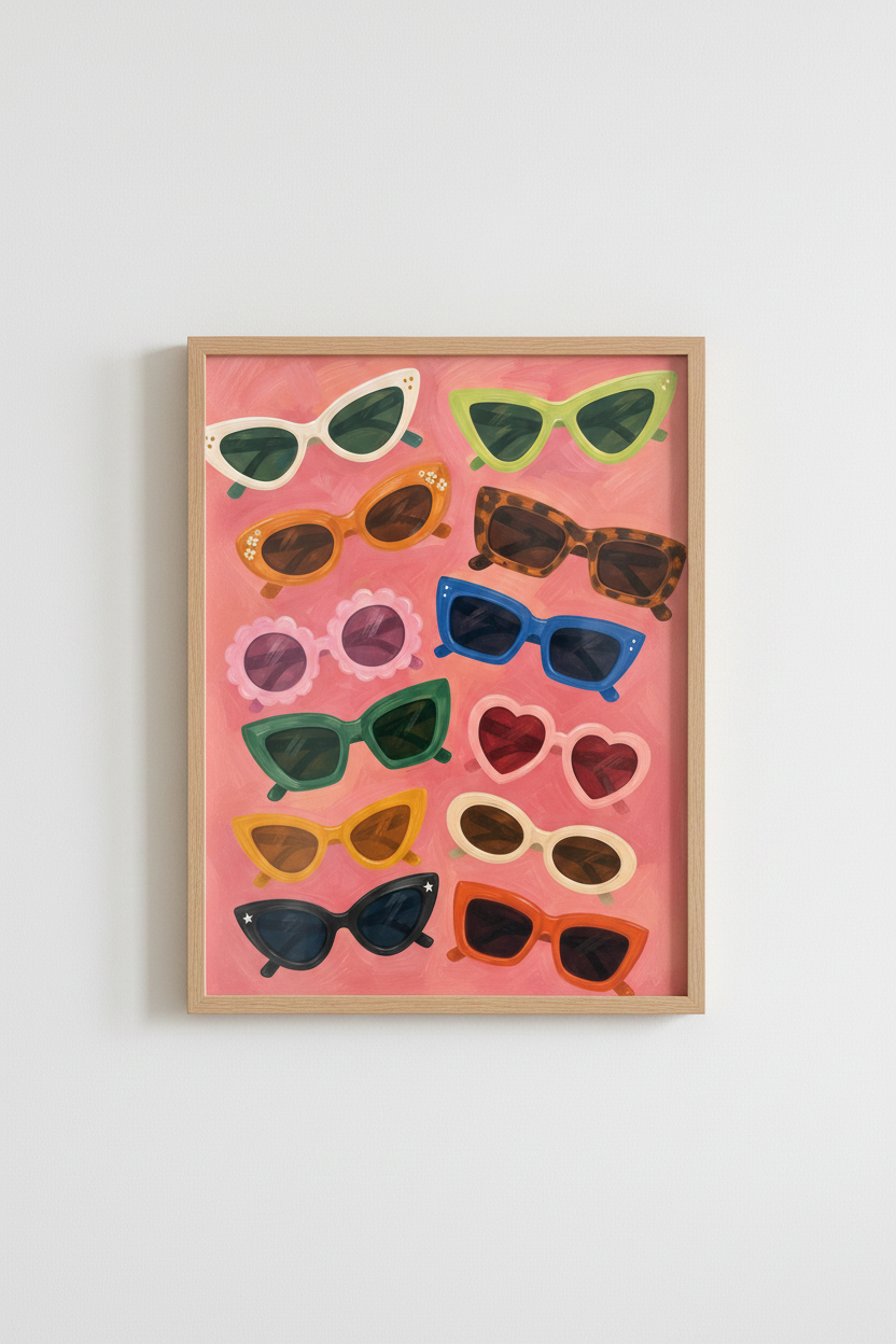 Retro Sunglasses Print | Pink Eclectic Preppy Wall Art, Trendy Fashion Poster