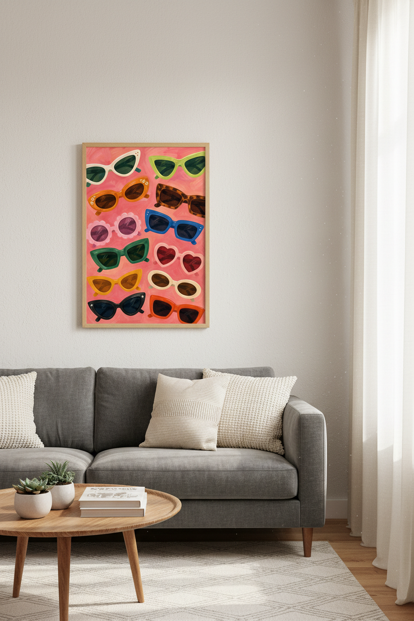 Retro Sunglasses Print | Pink Eclectic Preppy Wall Art, Trendy Fashion Poster