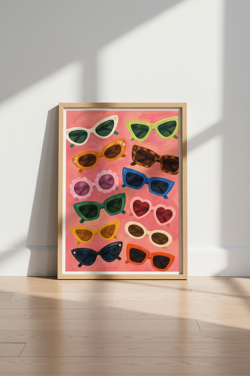 Retro Sunglasses Print | Pink Eclectic Preppy Wall Art, Trendy Fashion Poster