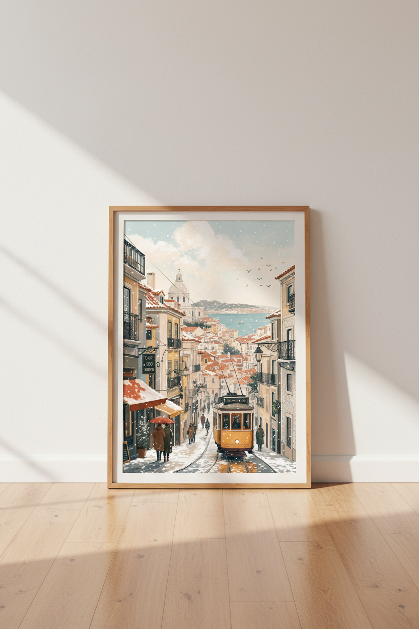 Lisbon Portugal Winter Wall Art | Snowy City Tram Print, Travel Decor