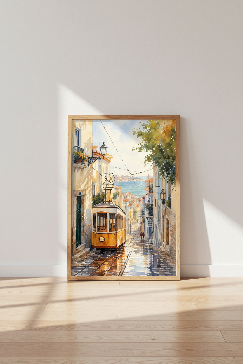 Lisbon Tram Watercolor Print | Mediterranean City Wall Art | Coastal Travel Poster