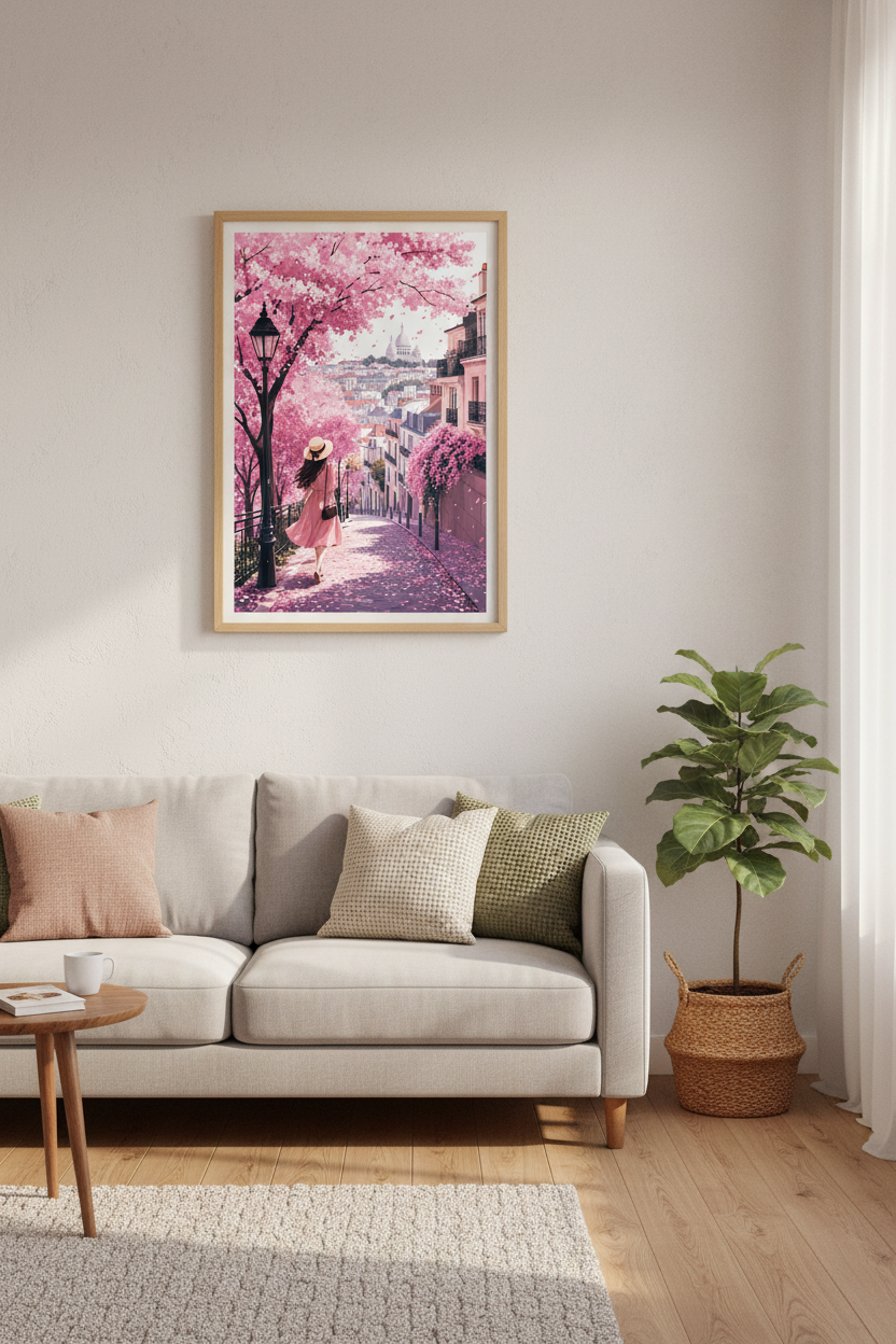 Paris Cherry Blossom Wall Art | Montmartre Pink Aesthetic Poster, French City Decor