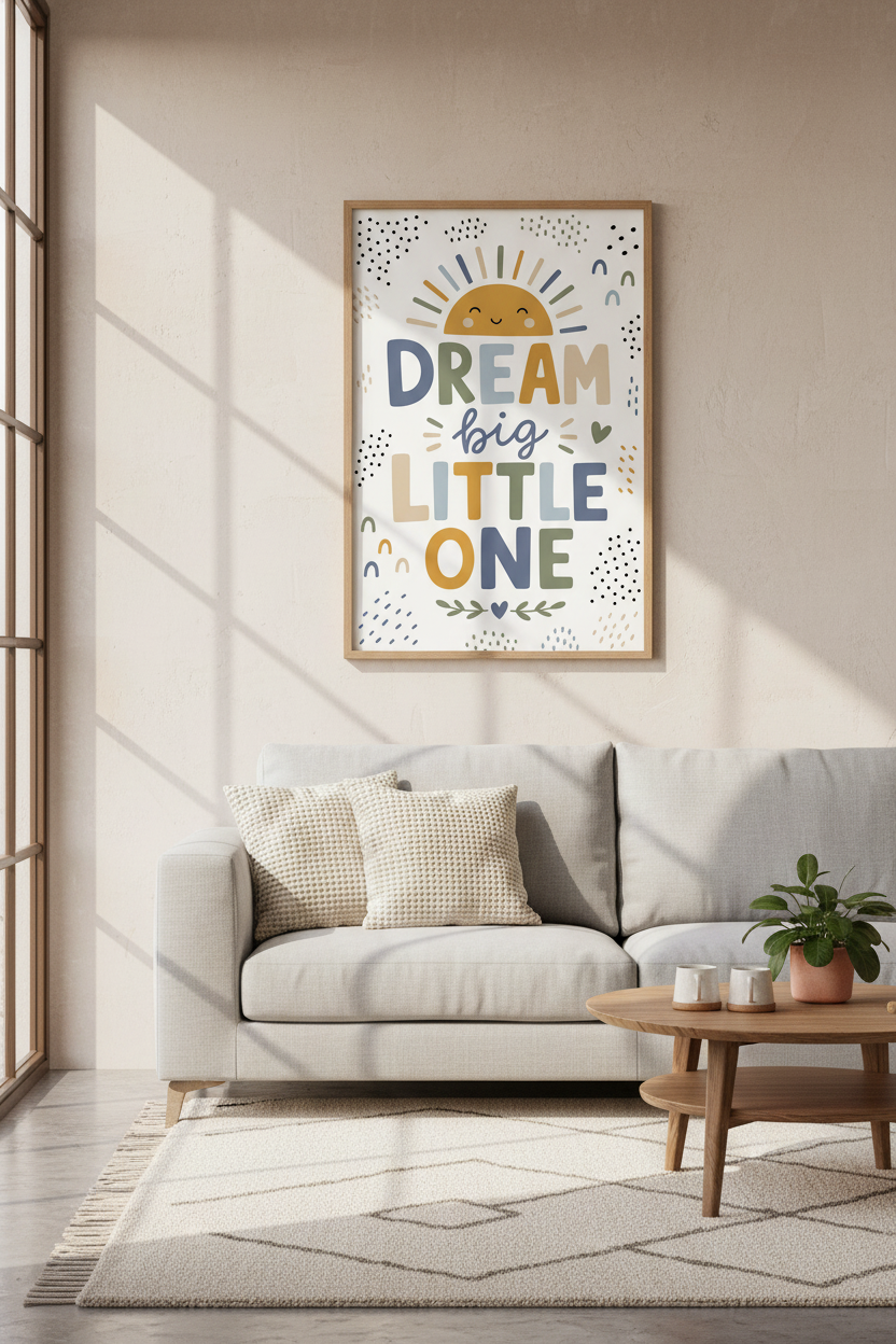 Dream Big Little One Wall Art | Boho Sun Nursery Decor | Muted Pastel Poster