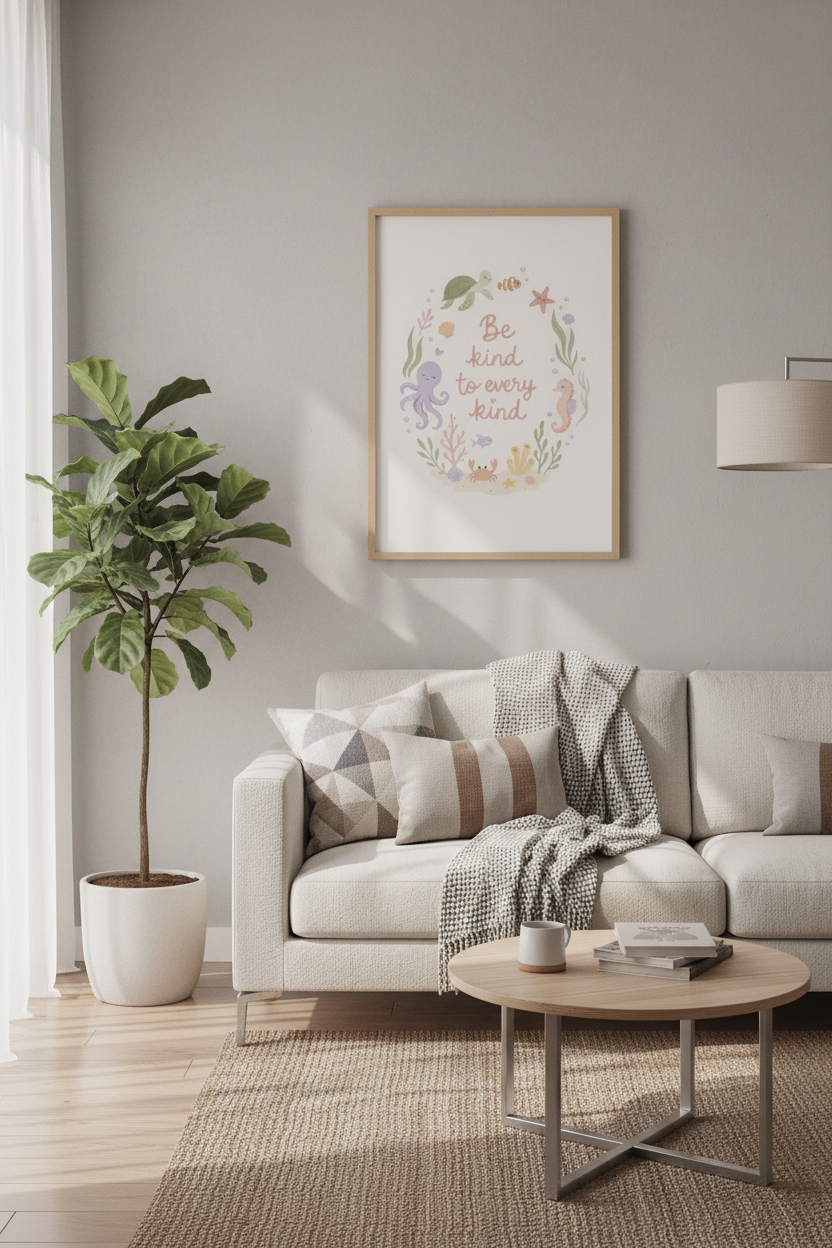 Ocean Animals Be Kind Wall Art | Nursery Decor | Pastel Sea Life Poster