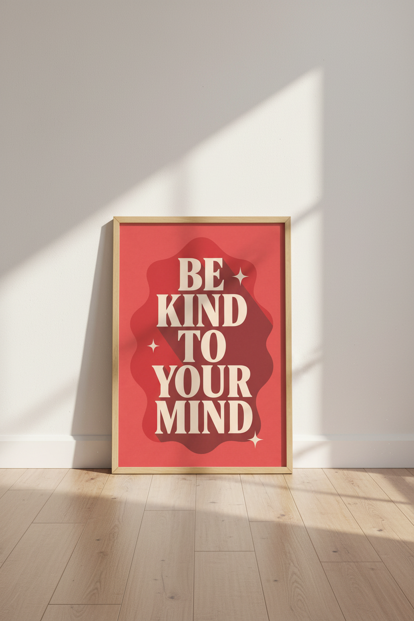 Be Kind To Your Mind Wall Art | Retro Red Typographic Poster | Mental Health Decor