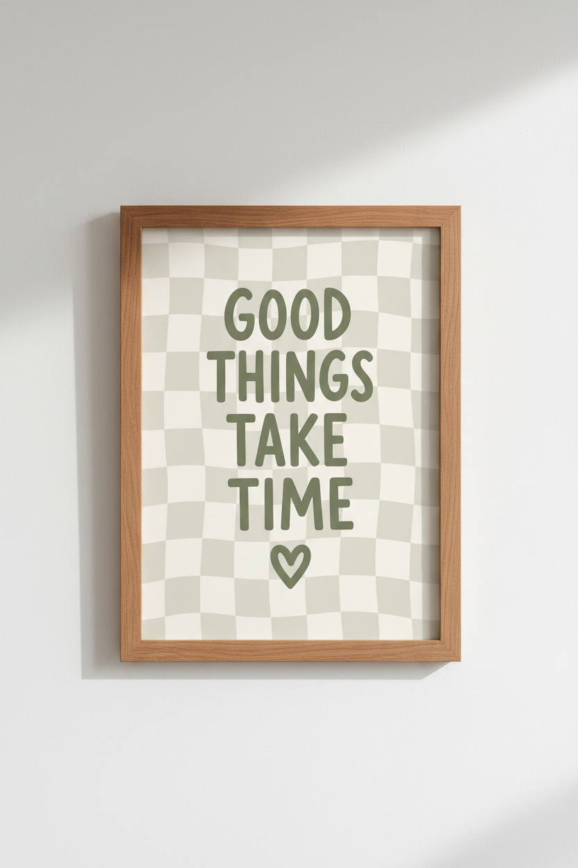 Good Things Take Time Wall Art | Sage Green Checkerboard, Aesthetic Room Decor