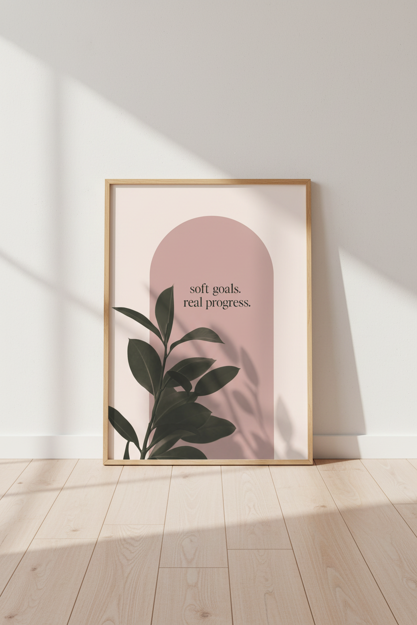 Soft Goals Real Progress Art | Pink Minimalist Quote Poster | Office Decor
