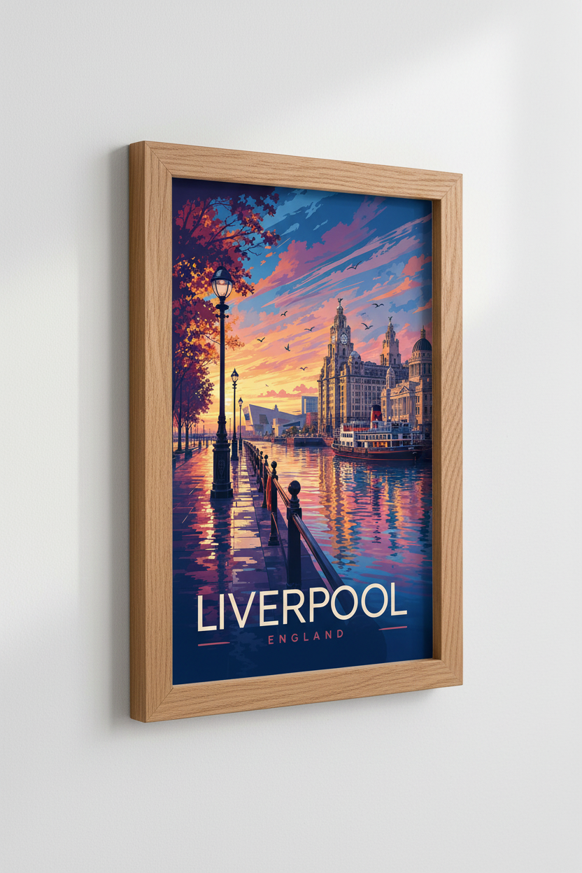 Liverpool England Travel Poster | Sunset Waterfront Wall Art, Modern City Decor