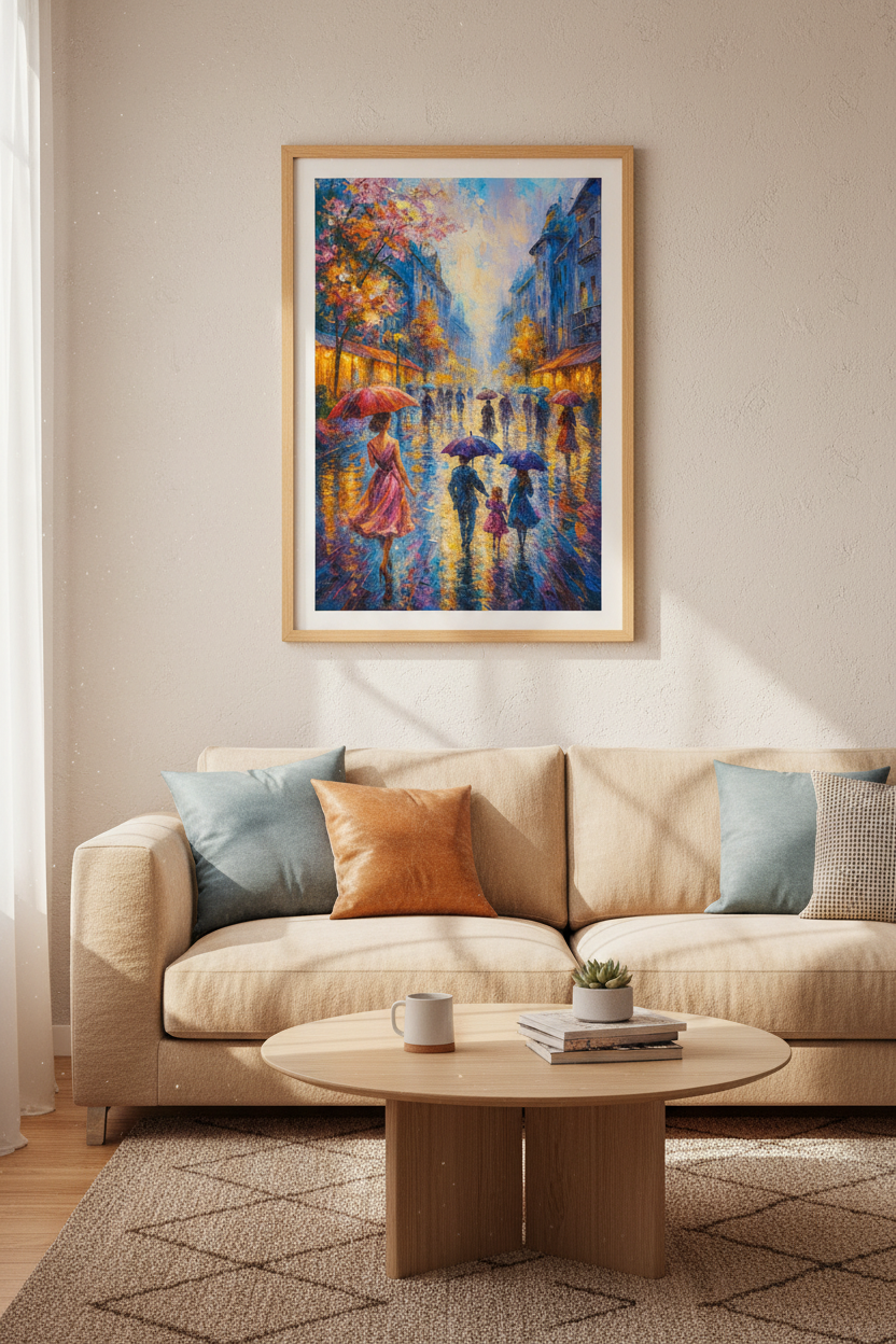 Impressionist Rainy City Wall Art Print | Vibrant Street Scene Decor | Colorful Abstract Couple Poster