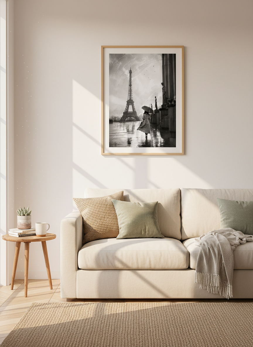 Eiffel Tower Rain Art Print | Black & White Paris Wall Decor | Romantic Parisian Poster