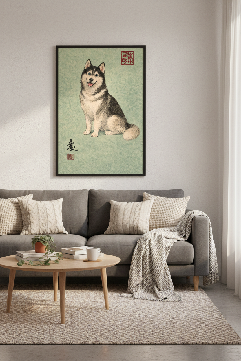 Happy Siberian Husky Wall Art Print - Japanese Ukiyo-e Style Dog Poster, Animal Art Print, Home Decor Wall Hanging