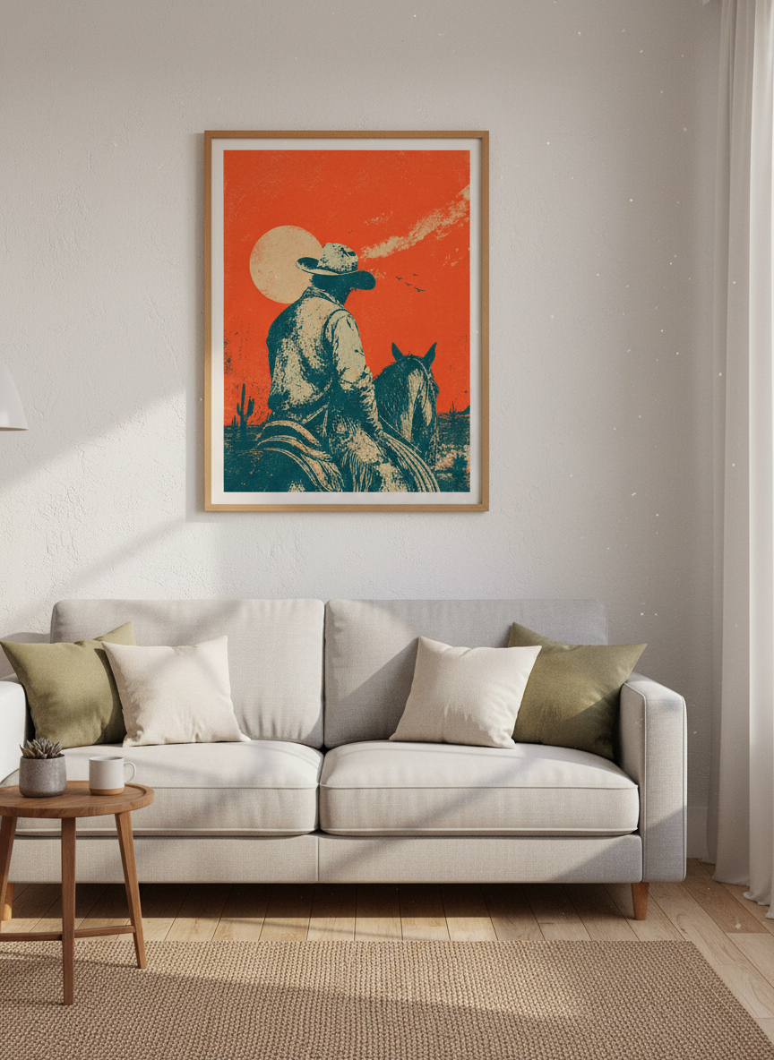 Cowboy on Horseback Wall Art Print | Western Desert Decor | Retro Sunset Poster