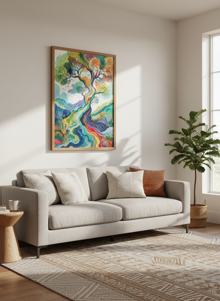 Rainbow Tree of Life Wall Art | Maximalist Decor | Boho Landscape Poster Print