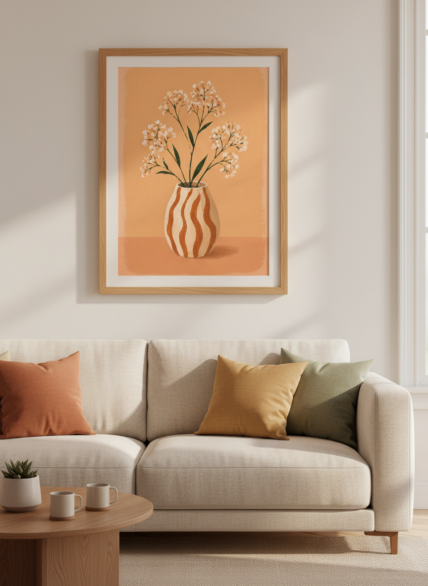 Minimalist Floral Wall Art Print | Boho Living Room Decor | Neutral Aesthetic Framed Poster | Ready to Hang Art