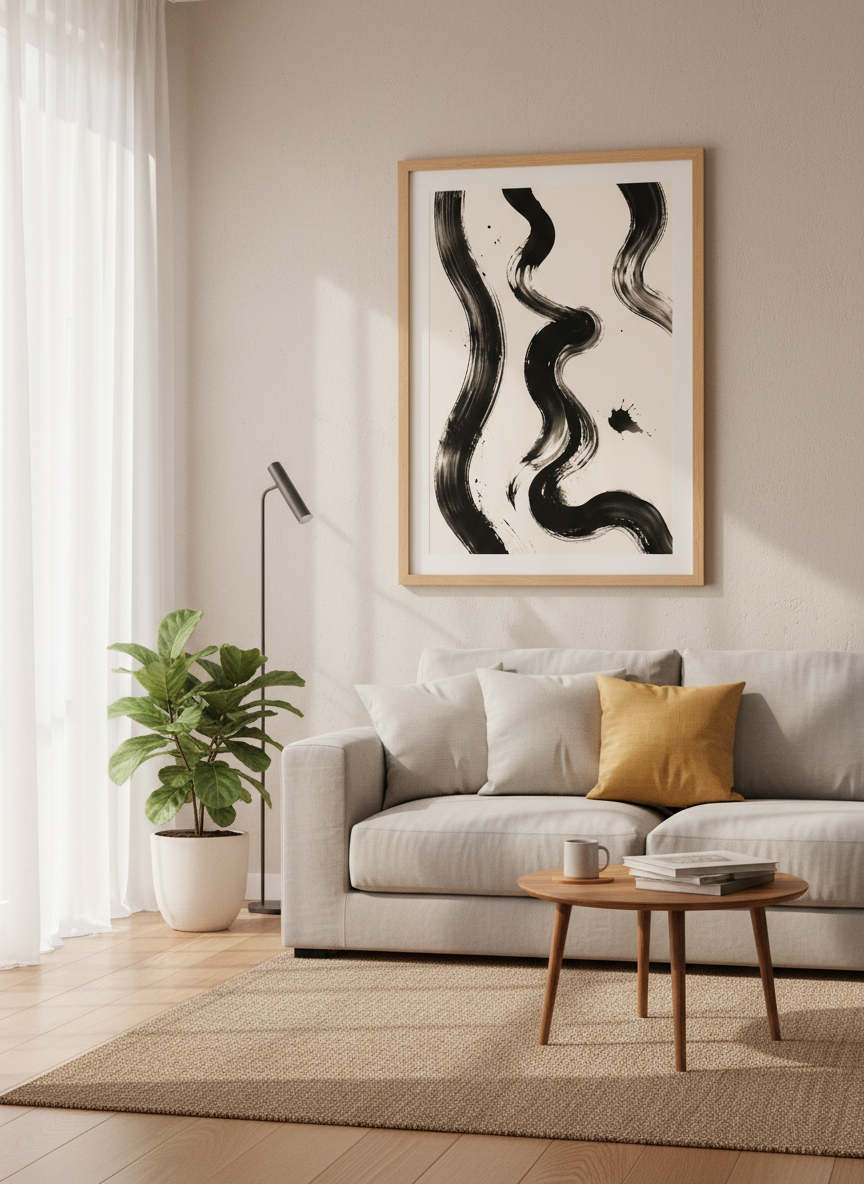 Abstract Ink Brush Strokes Wall Art | Minimalist Black Beige Decor | Zen Serene Poster