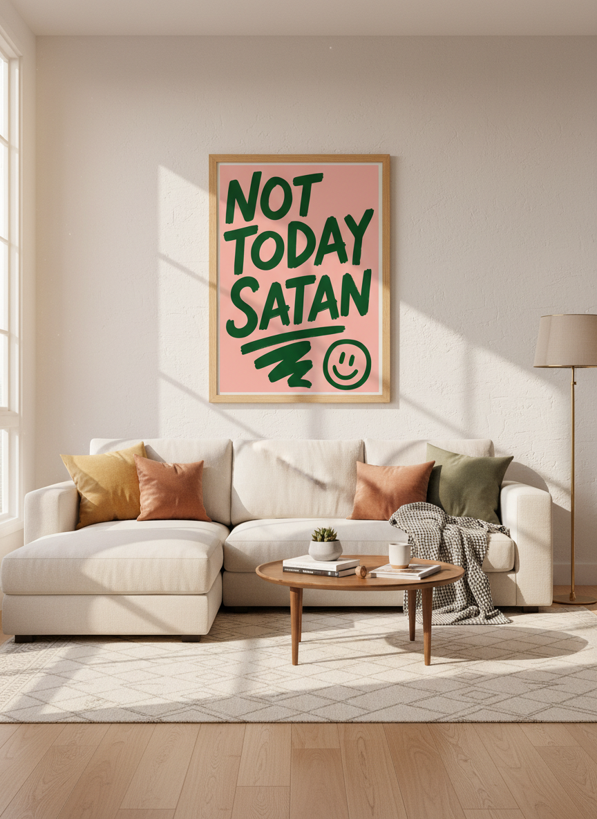 Not Today Satan Print | Empowering Pink Wall Art | Quirky Living Room Decor