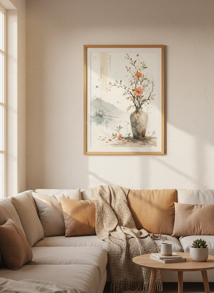 Chinoiserie Floral Vase Wall Art | Serene Asian Landscape Print Hues