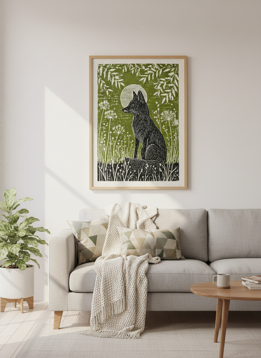 Woodblock Fox Print | Folk Art Nature Wall Art, Forest Animal Green Decor