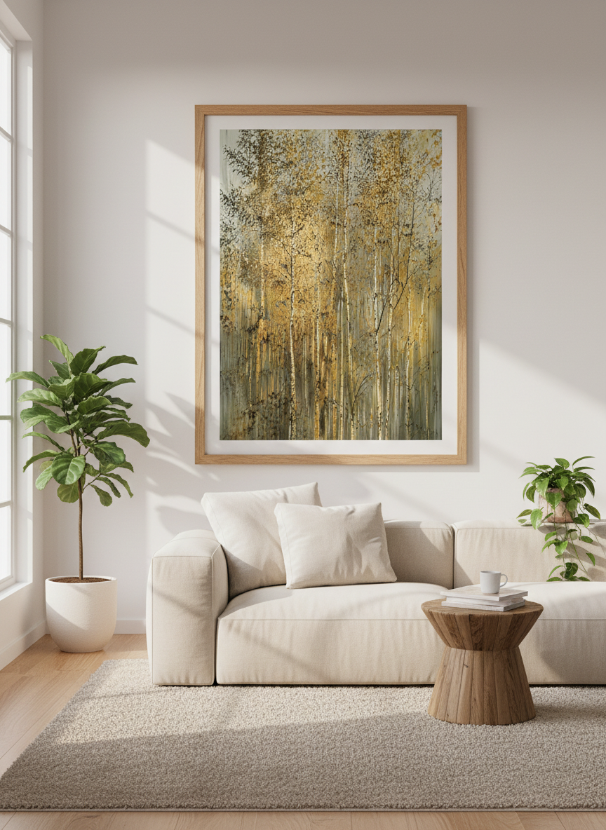 Abstract Impressionist Birch Forest Wall Art Print | Woodland Living Room Decor | Nature-Inspired Framed Poster