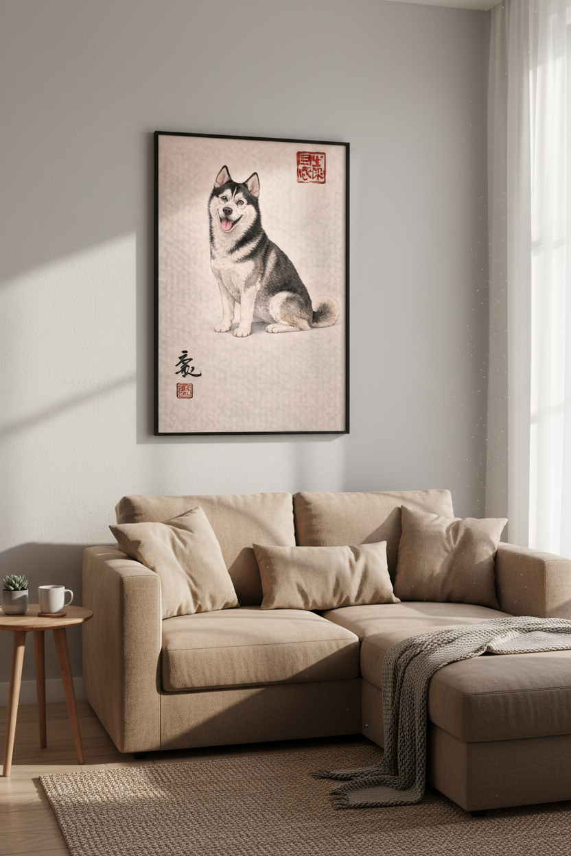 Siberian Husky Wall Art Print, Japanese Ukiyo-e Style Dog Poster, Hand-Drawn Pet Portrait, Dog Lover Home Decor, Animal Art Print