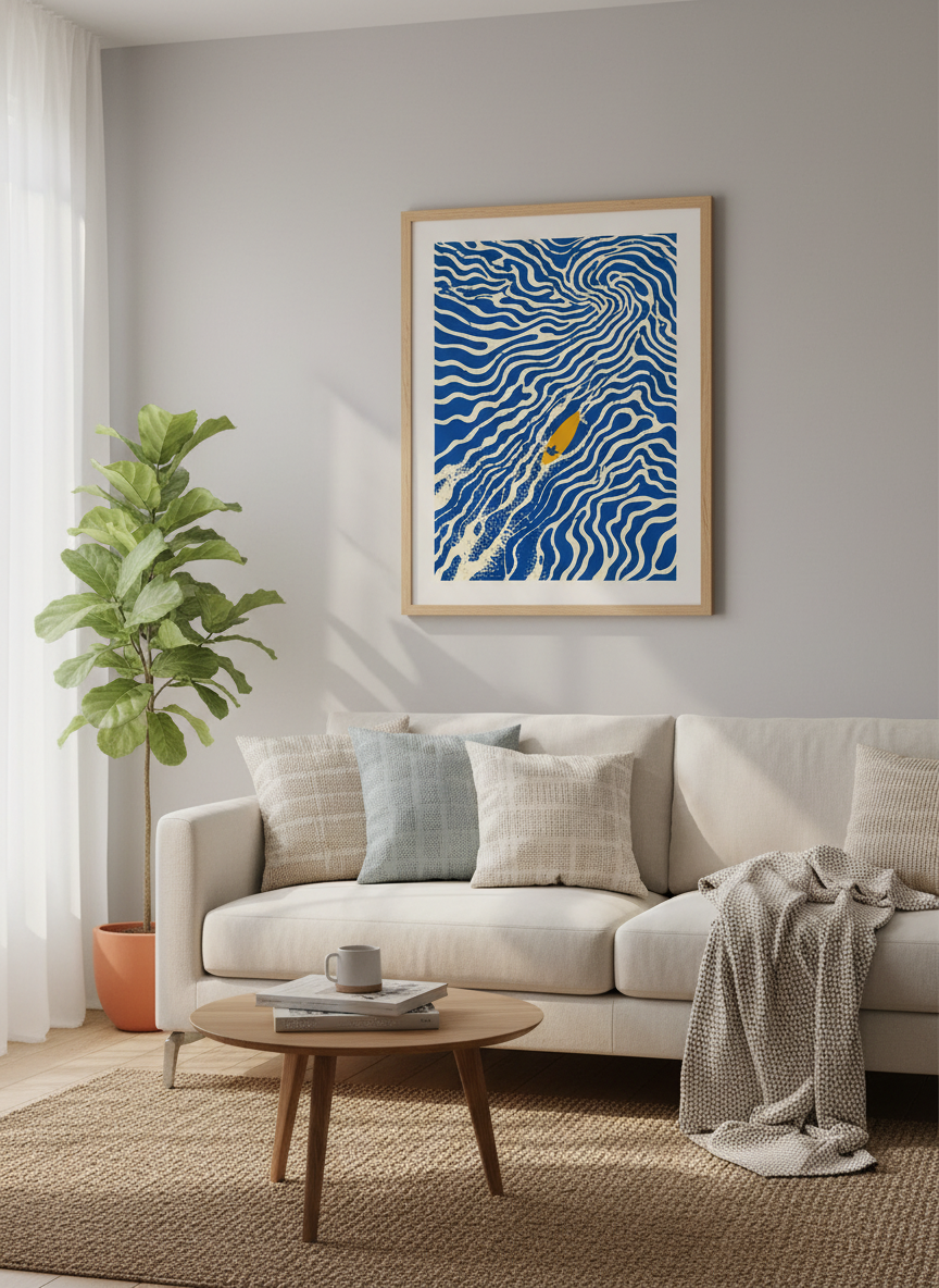 Surfer on Waves Art | Ocean Surf Poster, Beach House Decor | Coastal Blue Print