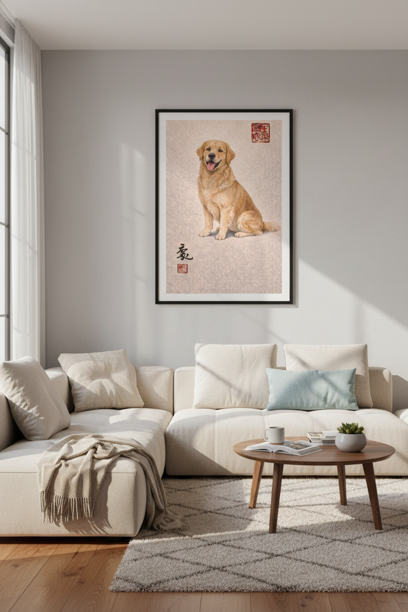 Golden Retriever Art Print | Chinese Brush Painting Dog Wall Art | Dog Lover Gift | Pet Portrait Home Decor | Animal Wall Hanging