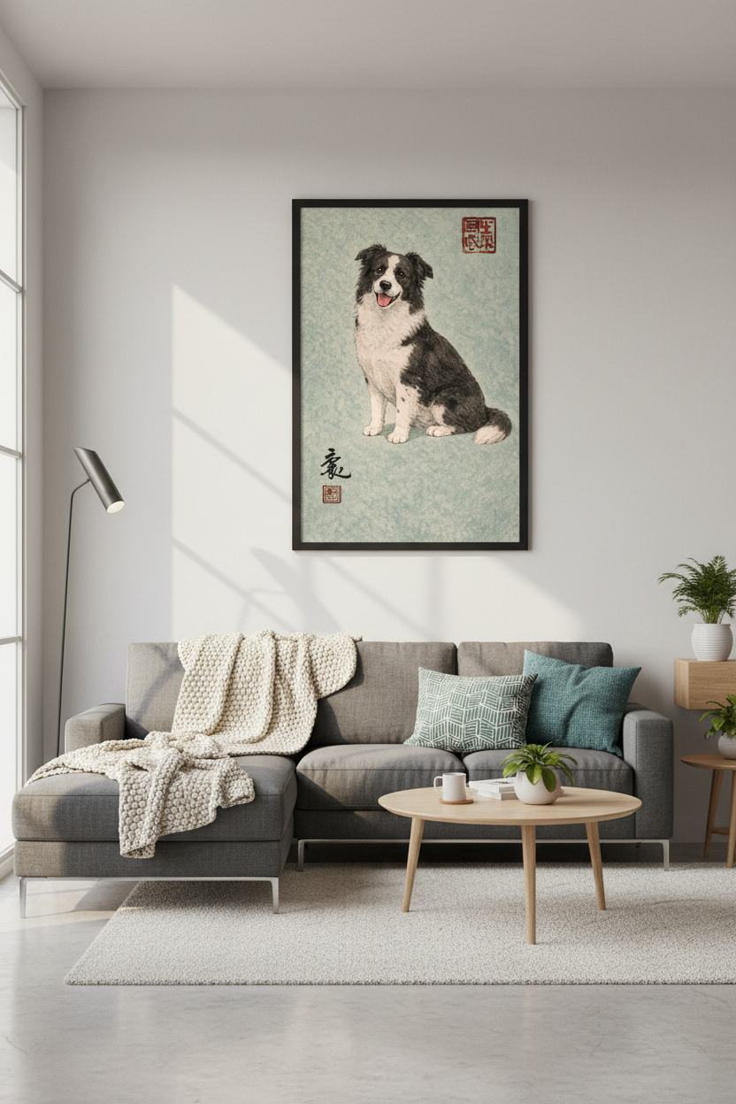 Japanese Ukiyo-e Border Collie Art Print | Dog Lover Gift | Pet Memorial Wall Decor | Asian Aesthetic Poster | Animal Home Art