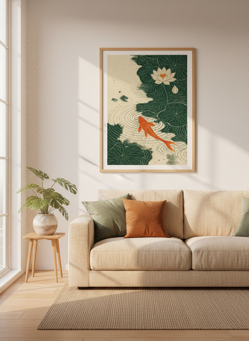 Zen Koi & Lotus Pond Art Print | Japanese Aesthetic Wall Decor, Nature Lover Gift
