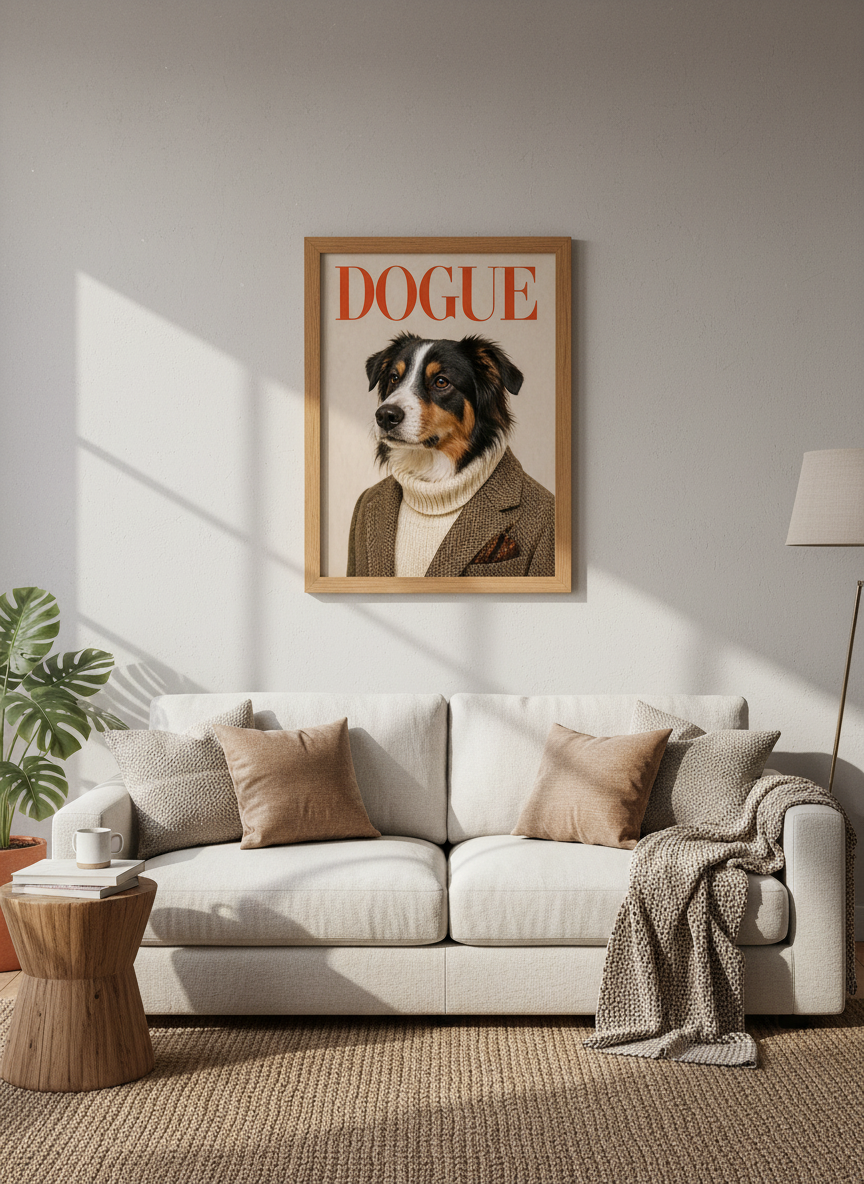Humorous Dog Dogue Fashion Wall Art Print | Trendy Living Room Decor | Chic Pet Lover Framed Poster