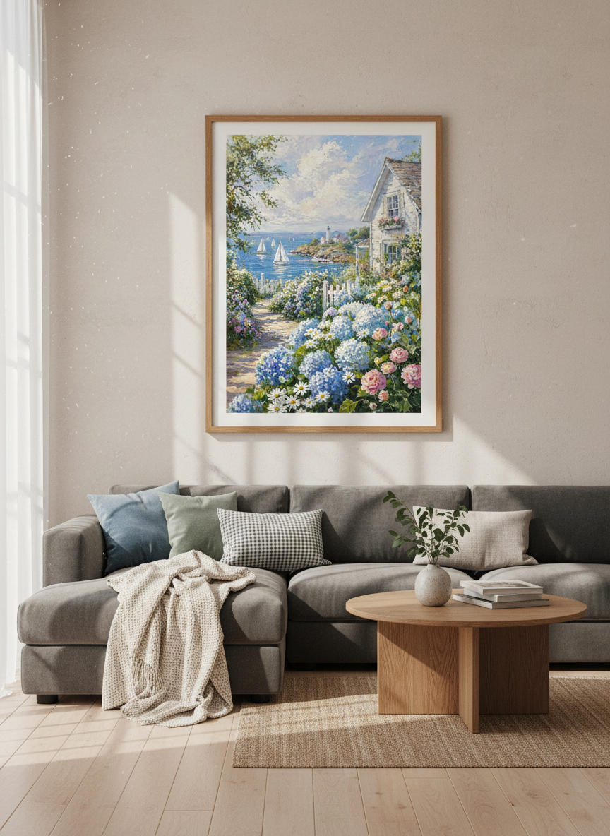 Coastal Lighthouse Painting | Nautical Seascape Wall Art, Cottage Core Decor Print