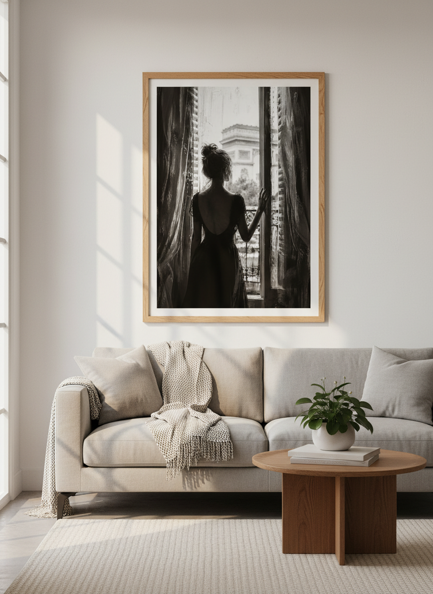 Woman in Paris Window Print | Black & White Wall Art | Romantic France Decor