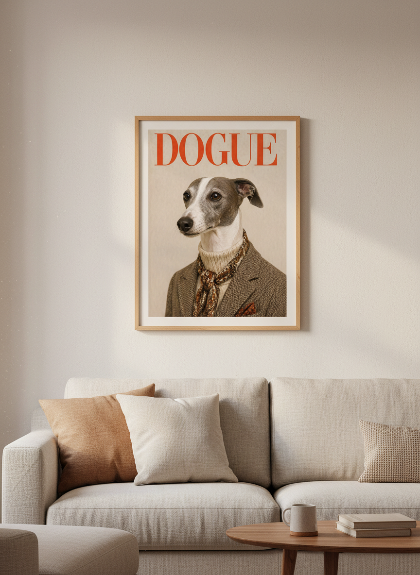 Humorous Dog Wall Art Print | Funny Glamour Dogue Poster | Living Room Decor | Animal Lover Gift | Framed Art