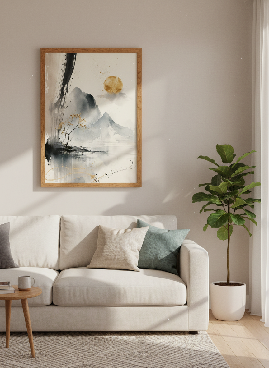 Zen Mountain Landscape Print | Gold Cherry Blossom Wall Art, Japanese Decor