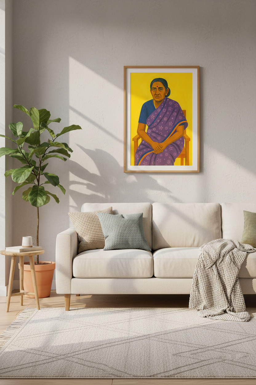 Folk Art Indian Woman Portrait Wall Art Print | Living Room Decor | Vibrant Aesthetic Poster | Unframed, Framed, Digital