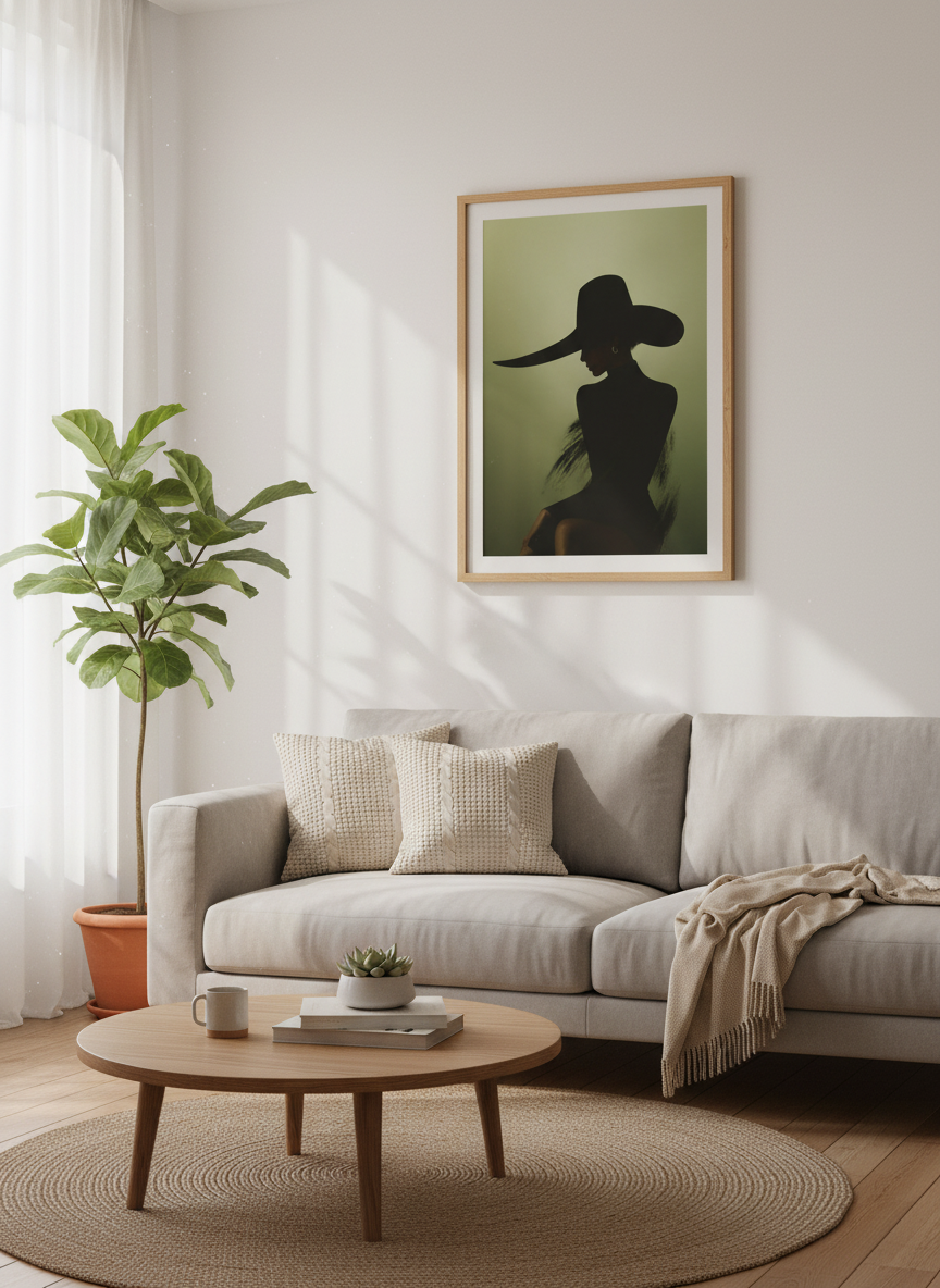 Woman Silhouette Hat Art | Elegant Fashion Décor, Dark Green Wall Art, Moody Poster Print