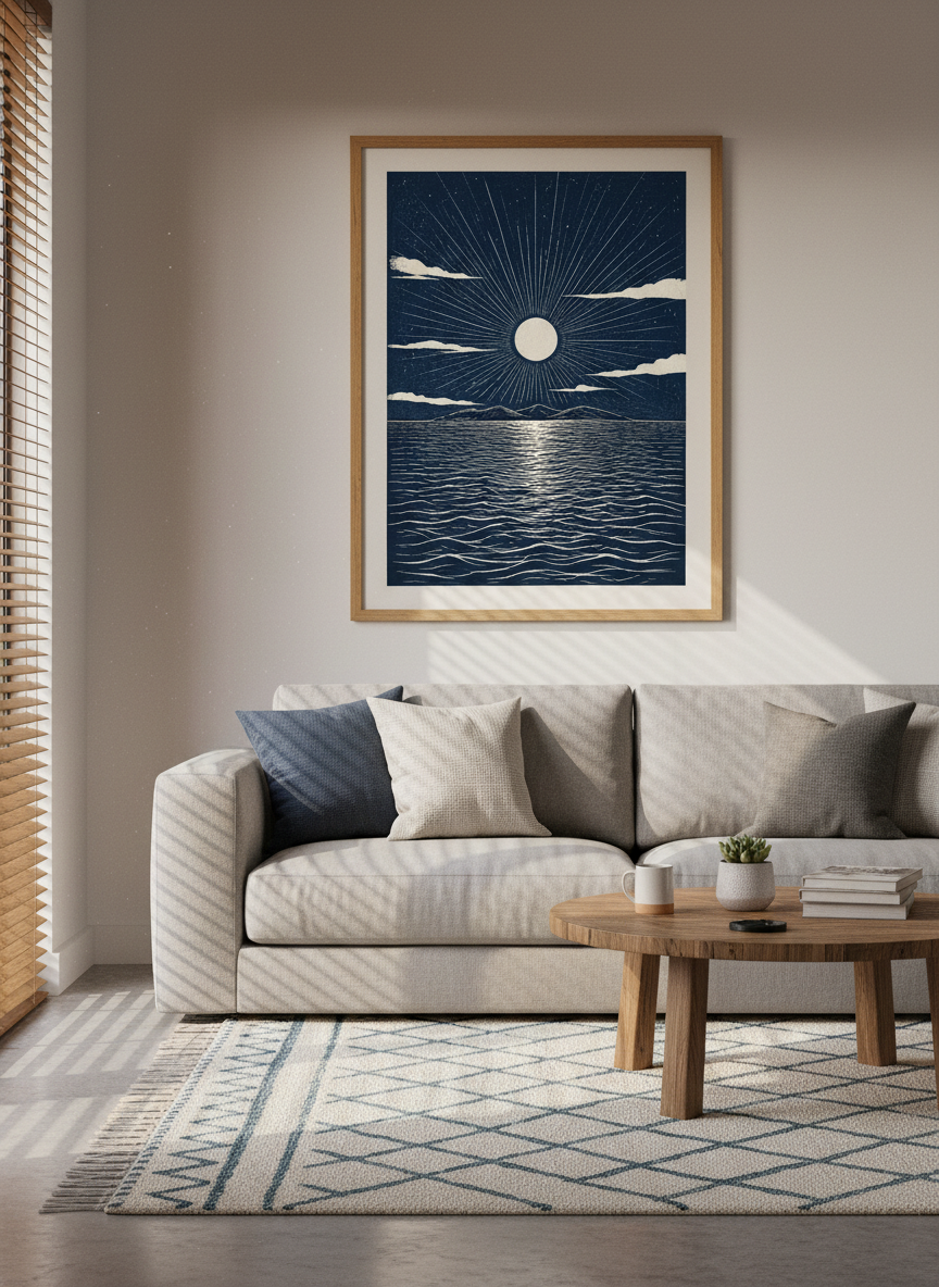 Moon Over Ocean Print | Nautical Woodcut Art, Japandi Coastal Decor, Blue Wall Art
