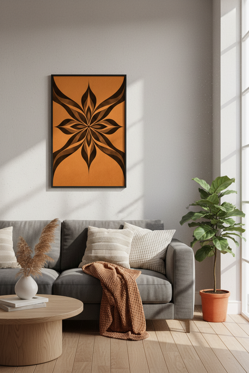Abstract Floral Mandala Wall Art Print | Orange & Brown Geometric Flower Poster | Modern Boho Home Decor Wall Hanging