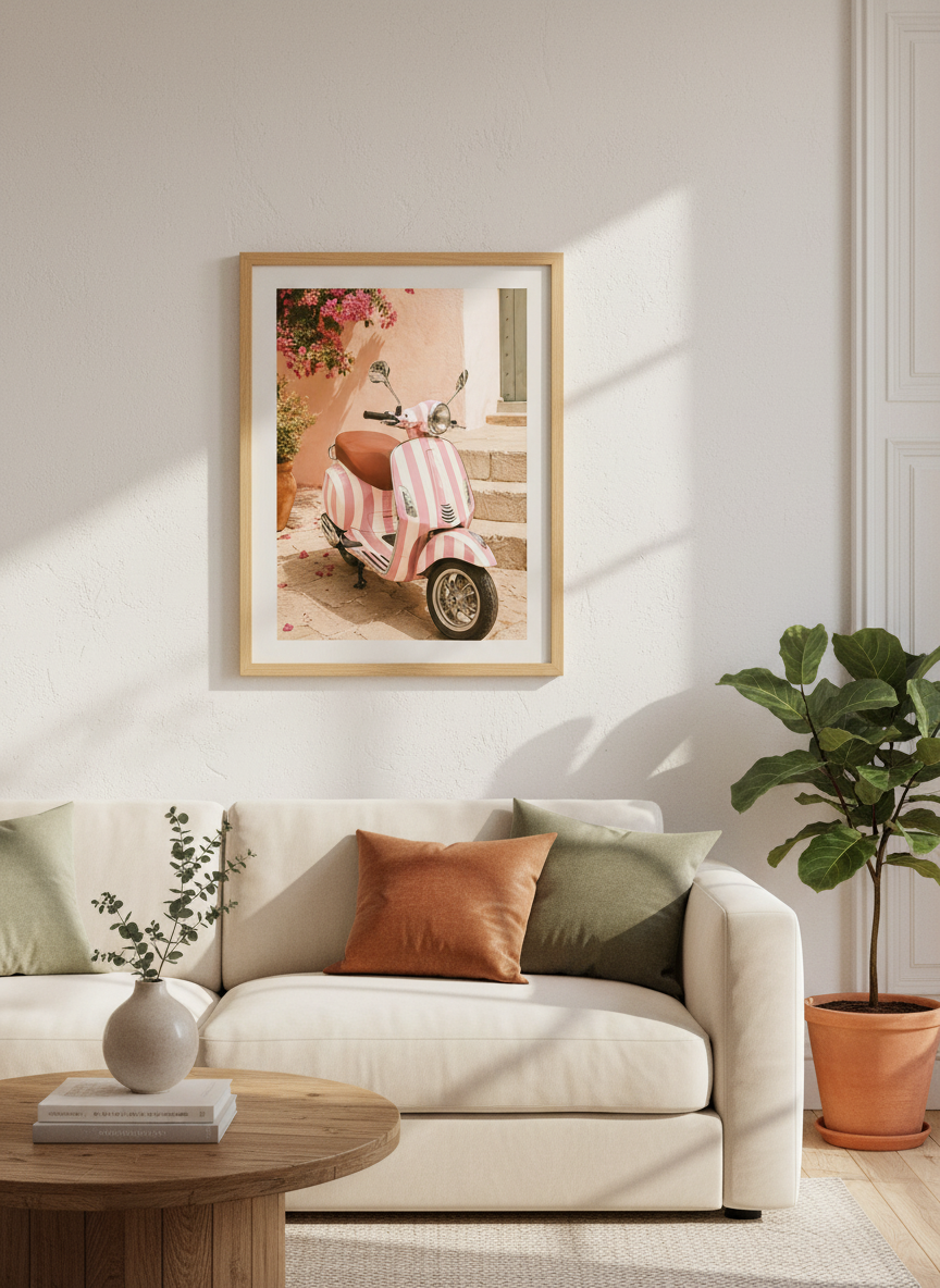 Retro Pink Vespa Framed Art Print | Aesthetic Bedroom Decor | Pink Wall Art | Preppy Room Poster | Ready to Hang Beach House Decor
