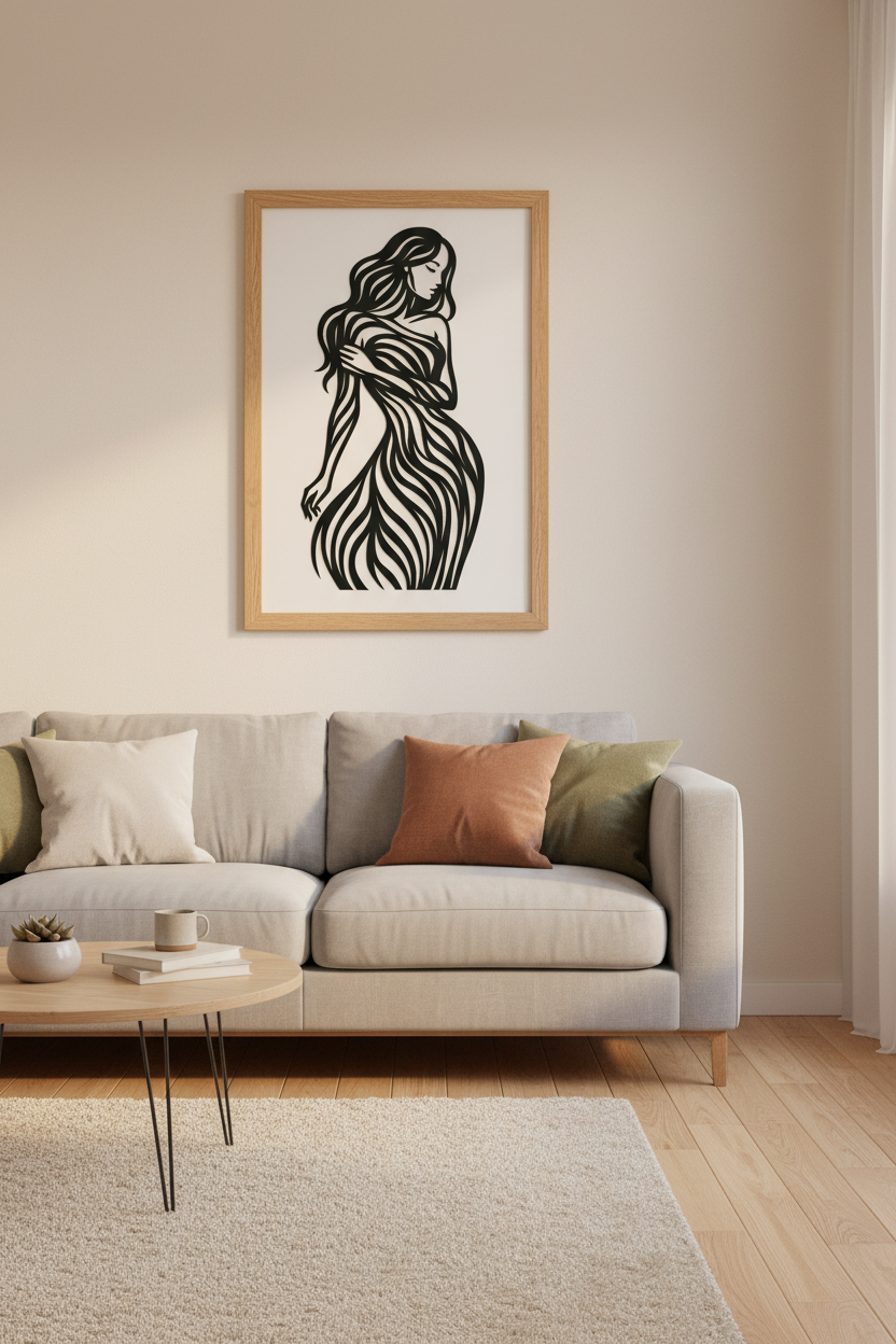 Abstract Woman Line Art Print | Minimalist Female Figure Wall Decor | Aesthetic Wavy Hair Poster | Modern Bedroom Living Room Art