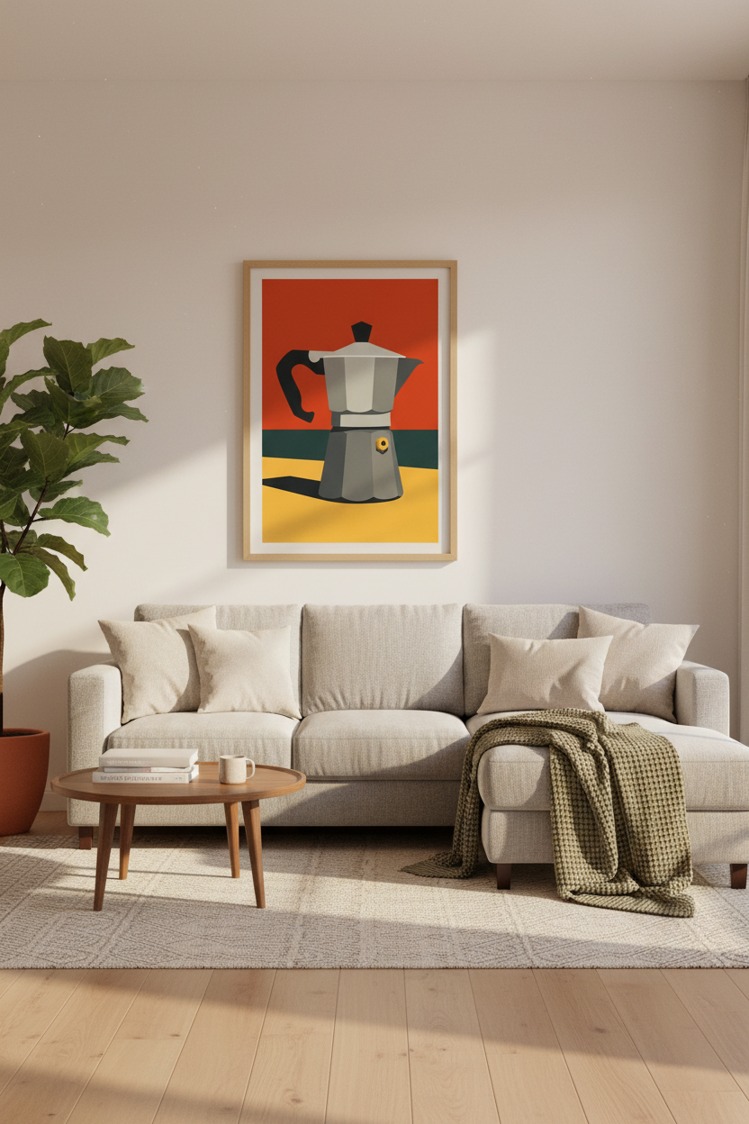 Retro Moka Pot Wall Art Print | Kitchen Decor | Mid-Century Modern Coffee Poster | Unframed, Framed, Digital Download