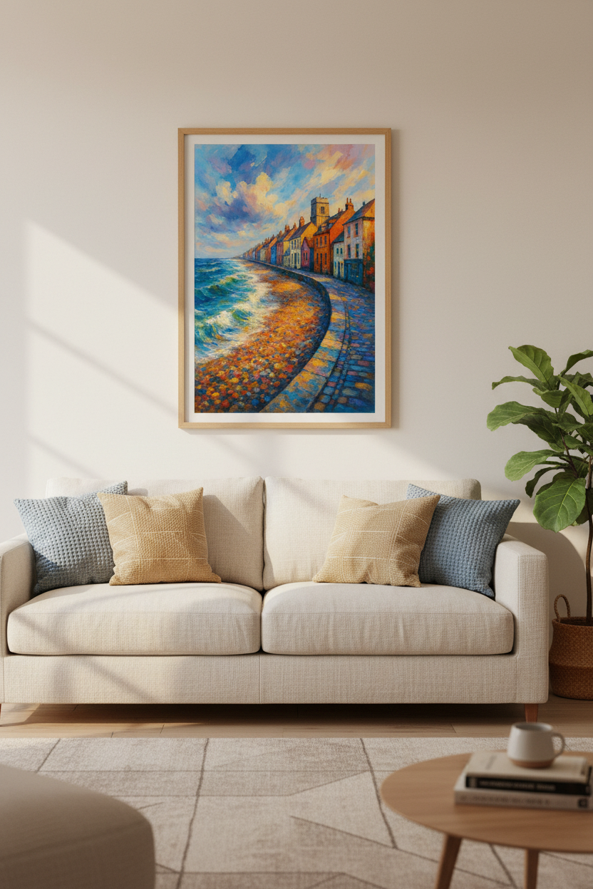 Impressionist Coastal Village Wall Art Print | Vibrant Seaside Home Decor | Bright & Colorful Poster | Textured Oil Painting