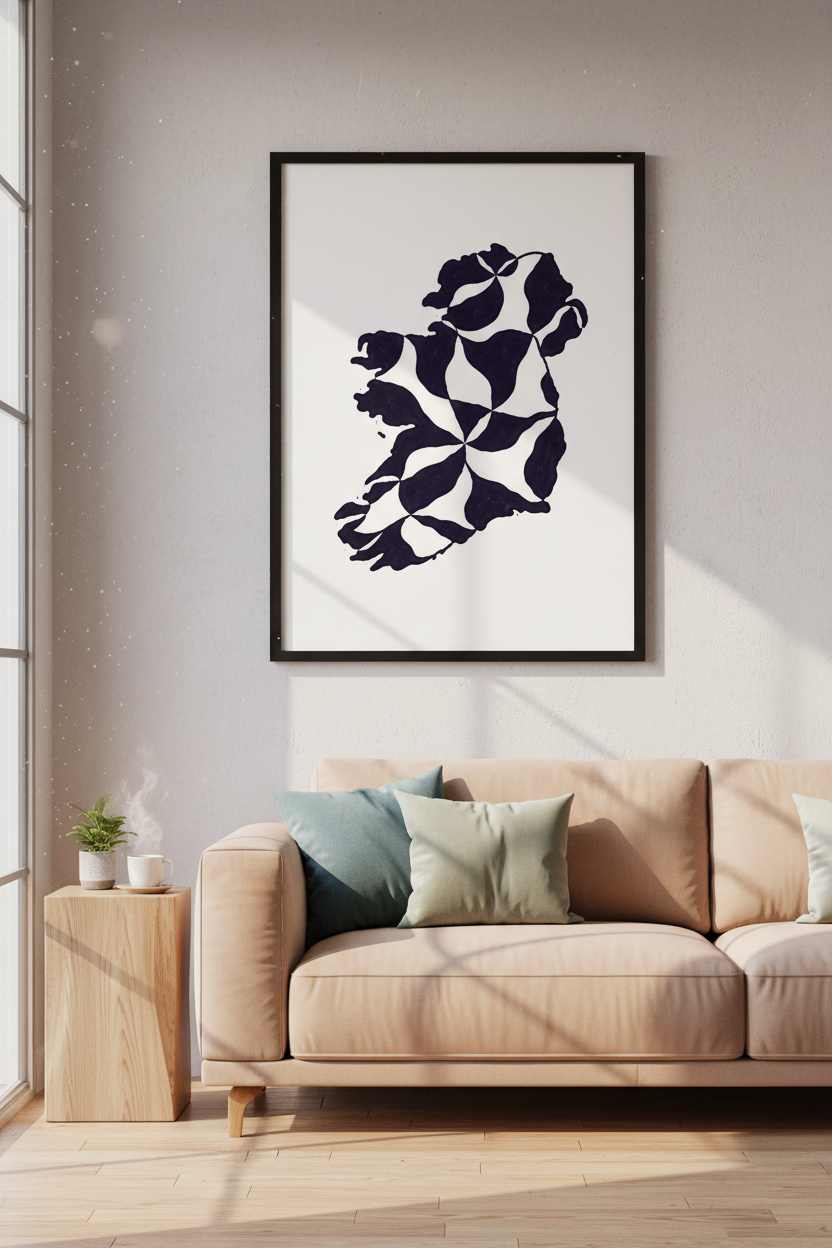 Ireland Map Art Print | Abstract Geometric Wall Art | Black & White Home Decor | Irish Cultural Poster | Modern Wall Hanging
