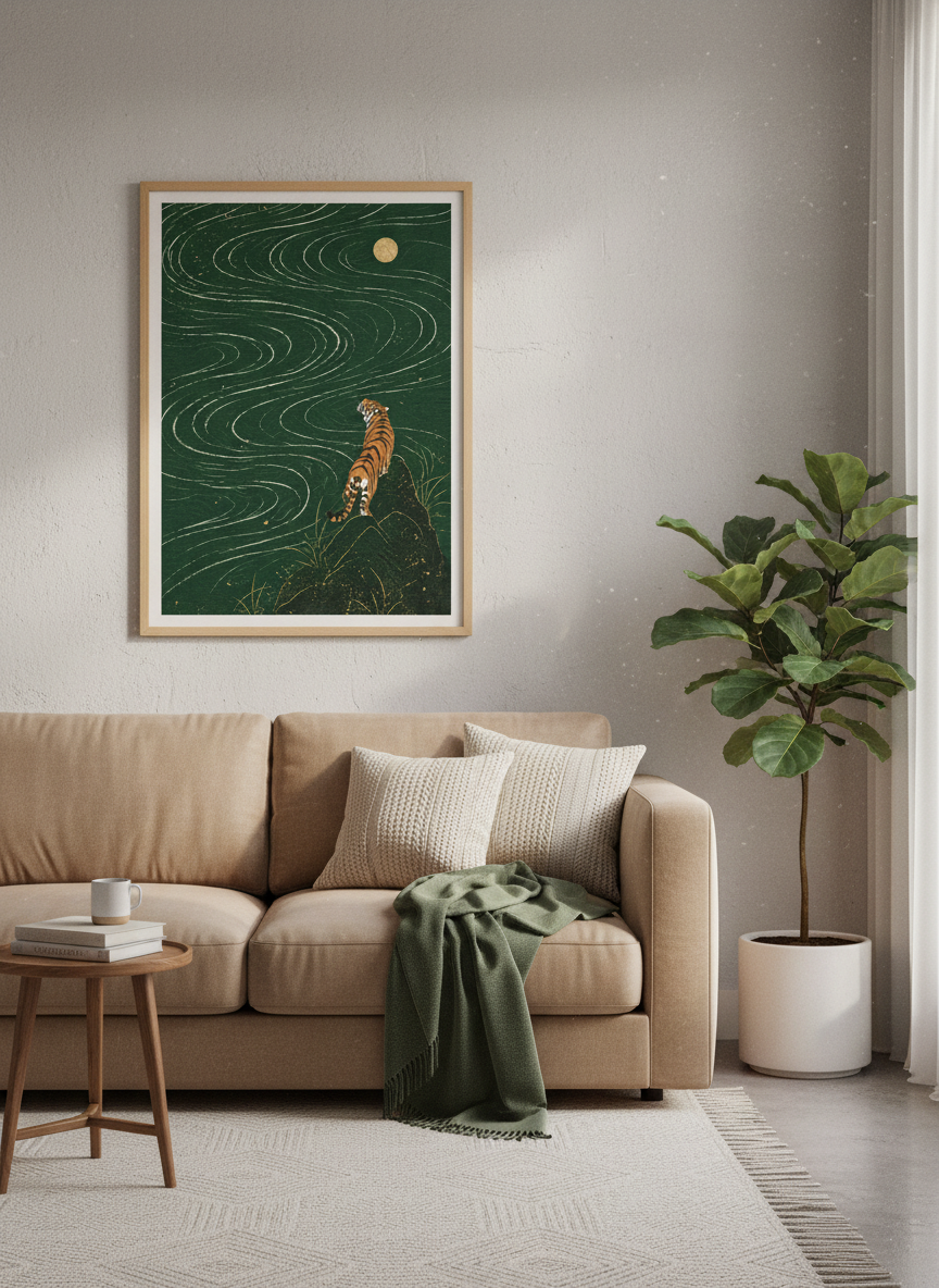 Japanese Tiger Moon Art Print | Dark Green Zen Decor | Asian Aesthetic Poster