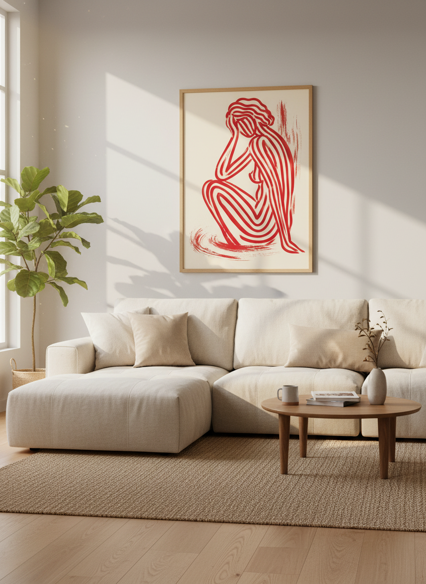 Abstract Nude Woman Line Art | Red Beige Modern Decor | Minimalist Body Poster Print