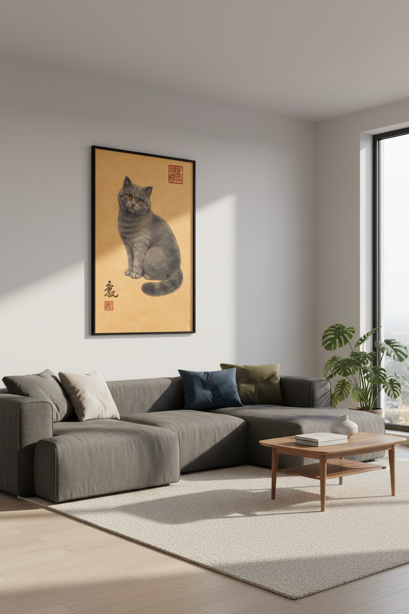 British Shorthair Cat Art Print | Traditional Japanese Style Cat Wall Art | Gray Cat Poster | Unique Pet Home Decor