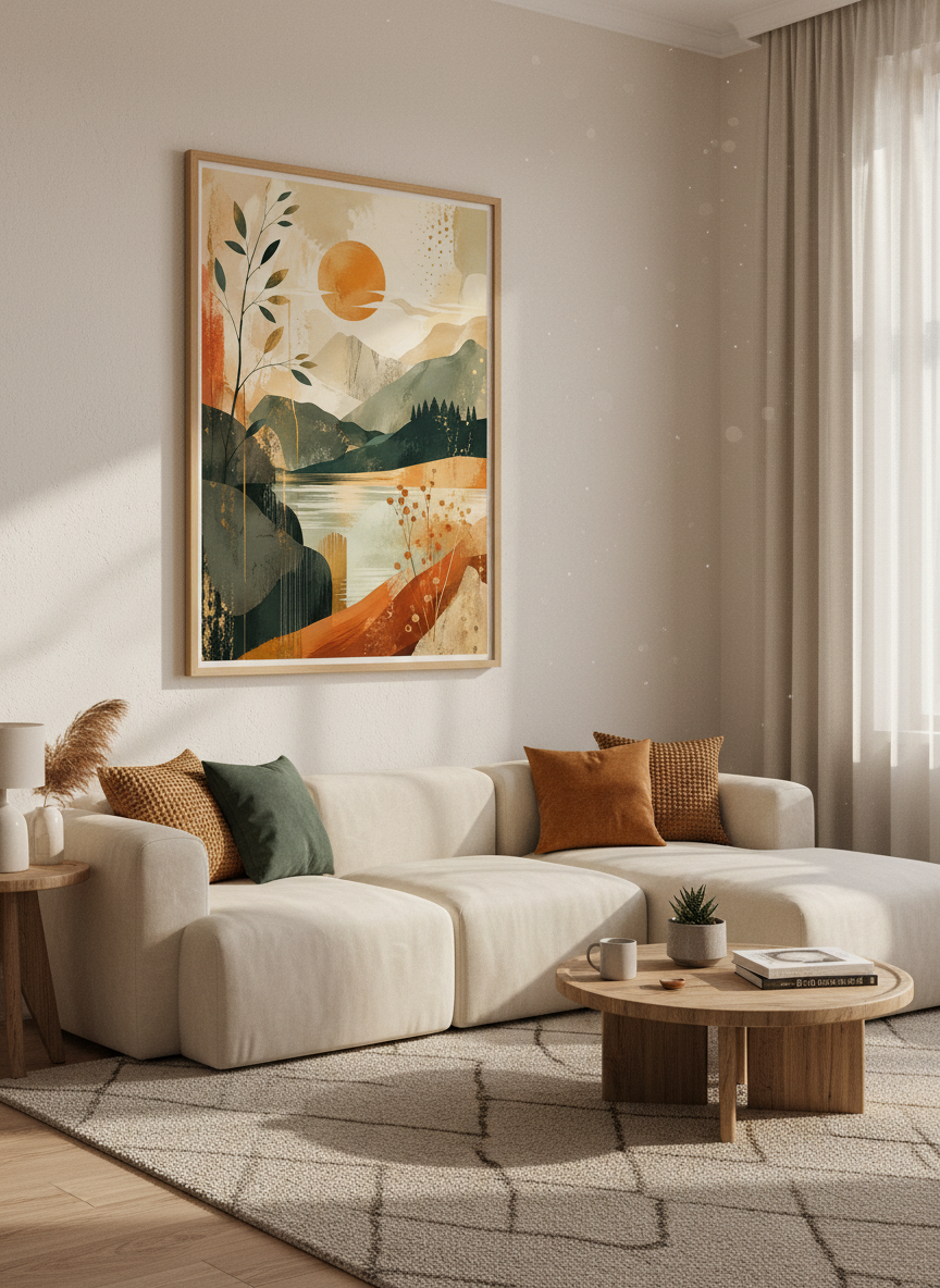 Abstract Mountain Lake Print | Boho Landscape Wall Art, Mid-Century Modern Decor