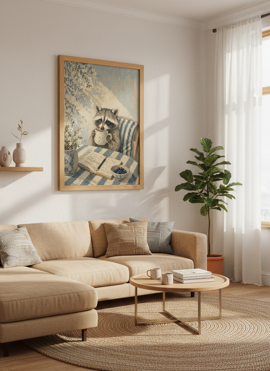 Charming Raccoon Art Print | Cozy Animal Decor | French Country Oil Painting Poster